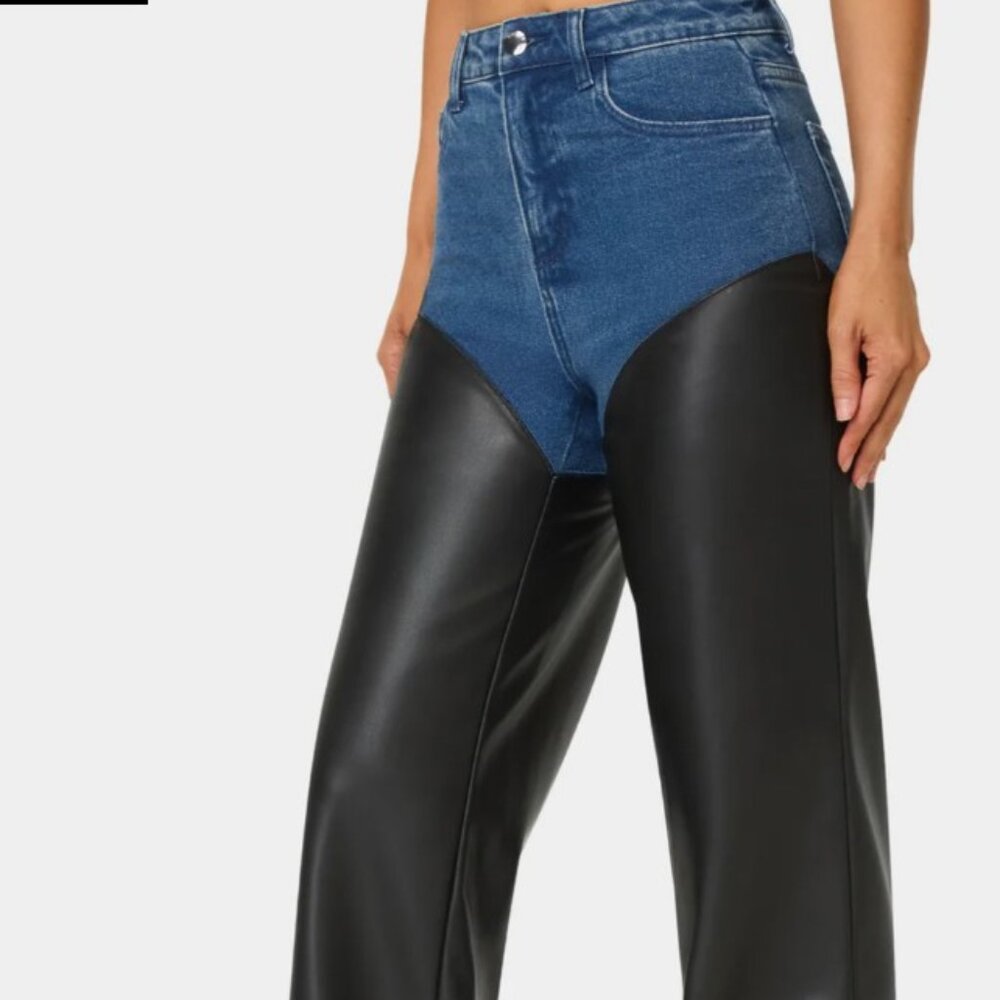 BEBE High Waist Vegan Leather Combo Wide Leg Jean